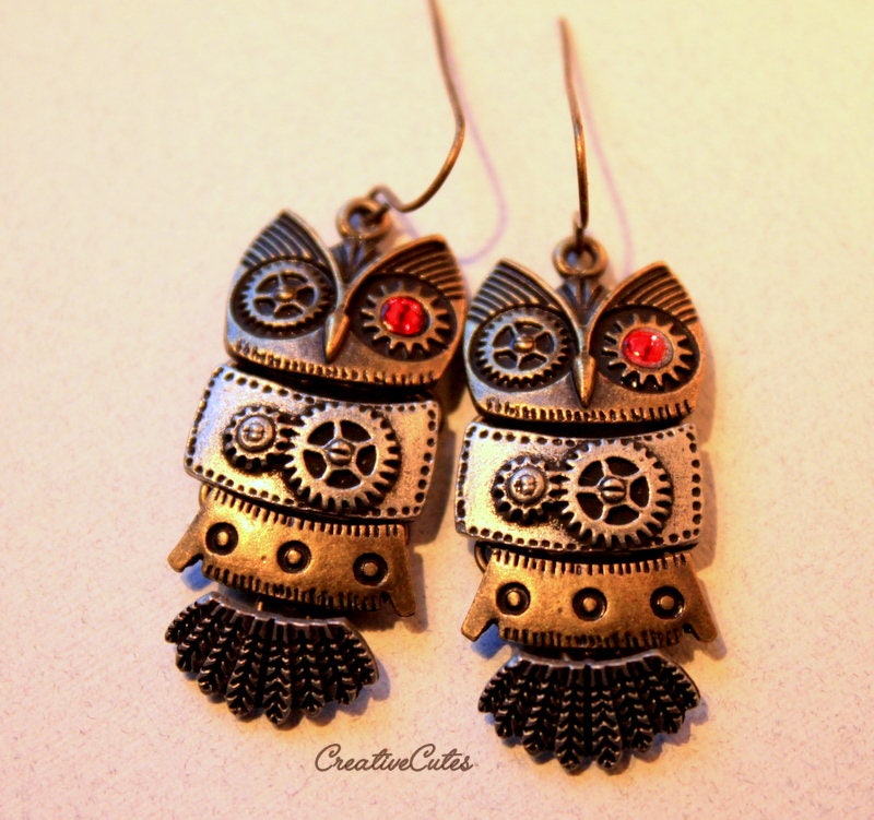 Steampunk Owl Earrings with Red Crystal Eyes, Rustic Silver & Bronze Articulated Owl Charms, Fun