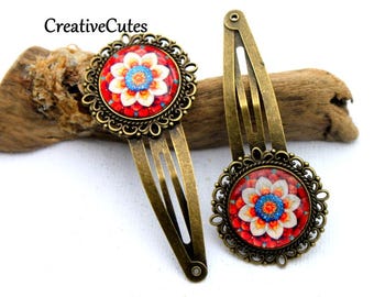 Colorful Boho Flower Mandala Hair Clips, Set of 2 Fancy Glass & Brass Snap Clips, Bohemian Hair Jewelry, Floral Mandala Barrettes for Hair