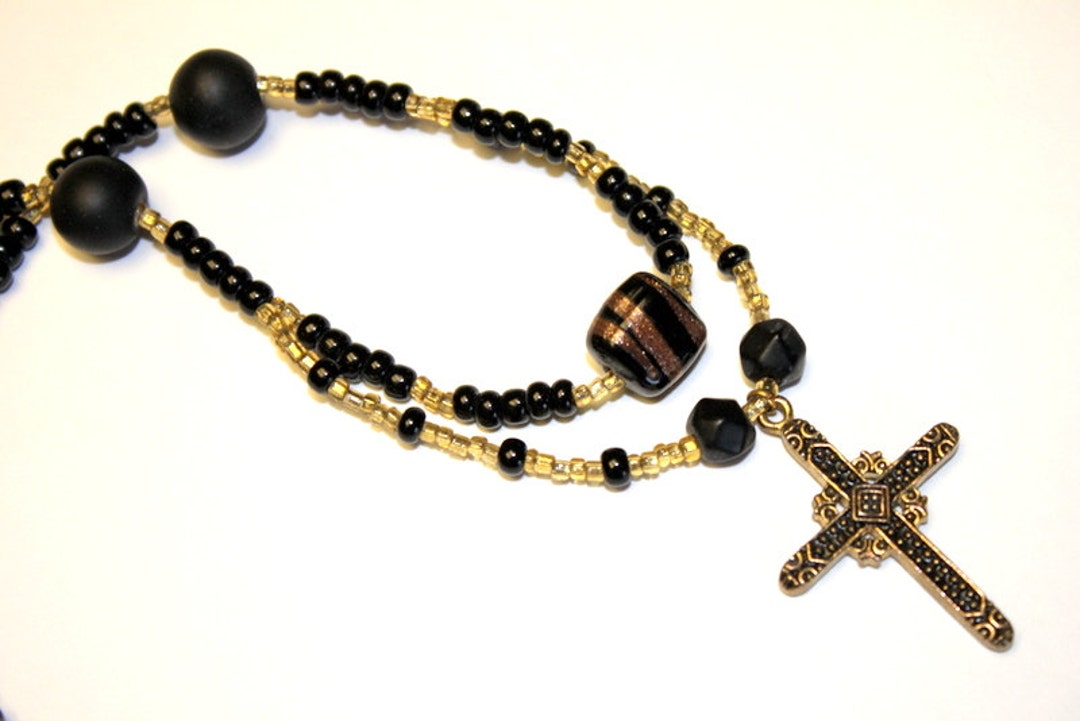 SALE Black & Gold Beaded Cross Necklace, Lampwork Bead Necklace, Czech