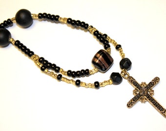 SALE ~ Black & Gold Beaded Cross Necklace, Lampwork Bead Necklace, Czech Bead Necklace, Rustic Gold Cross Pendant, Layered Cross Necklace