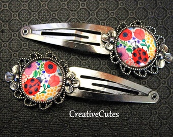 Colorful Boho Ladybug Flower Hair Clips, Set of 2 Silver Spring Snap Clips, Glass Floral Barrette Set, Bohemian Lady Bug Hair Jewelry