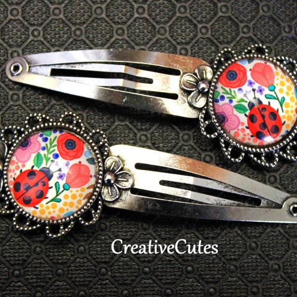 Colorful Boho Ladybug Flower Hair Clips, Set of 2 Silver Spring Snap Clips, Glass Floral Barrette Set, Bohemian Lady Bug Hair Jewelry