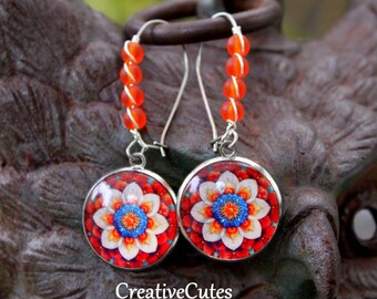 Orange Flower Mandala Art Earrings, Orange Sea Glass Beaded Ear Wires, Boho Hippie Dangles, Folk Art Jewelry,  Handmade Bohemian Earrings