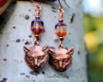 Rustic Copper Cat Earrings, Realistic Cat Face Dangles, Blush Czech Bead Earrings, Cute Boho Cat Jewelry, Bohemian Cat Lover Jewelry Gift