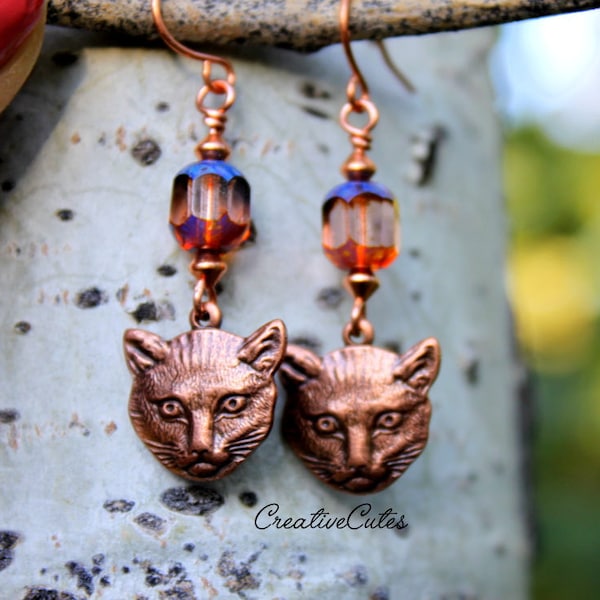 Rustic Copper Cat Earrings, Realistic Cat Face Dangles, Blush Czech Bead Earrings, Cute Boho Cat Jewelry, Bohemian Cat Lover Jewelry Gift