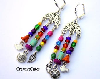 Colorful Mini Chandelier Earrings, Rainbow Czech Glass Beads, Dainty Silver Leaf & Tiny Bird Dangles, Fun Bohemian Hippie Jewelry