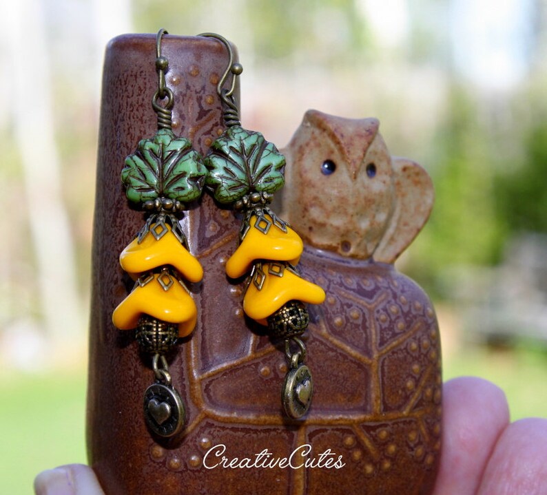 Earthy Bohemian Hippie Earrings Sunflower Yellow Flower Earrings Rustic Green Leaf Czech Bead Earrings Boho Bronze Heart Dangles Dangles
