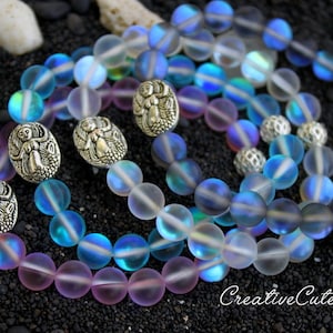 Mystic Aura Quartz Mermaid Bracelet, One Cute Boho Stretch Quartz Beaded Bracelet, Frosted Beads & Silver Mermaid Bead, Cute Mermaid Jewelry