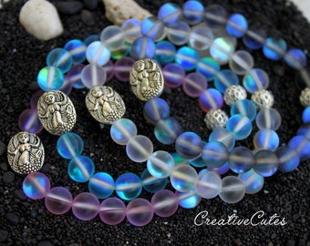 Mystic Aura Quartz Mermaid Bracelet, One Cute Boho Stretch Quartz Beaded Bracelet, Frosted Beads & Silver Mermaid Bead, Cute Mermaid Jewelry