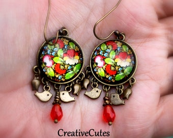 Russian Folk Flower Art Earrings, Bird and Flower Dangles, Floral Art Earrings, Bohemian Jewelry, Handmade Earrings, Rustic Boho Jewelry