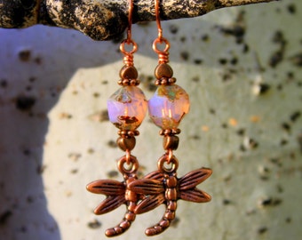 Cute Boho Copper Dragonfly Earrings, Soft Pink Czech Glass Beads, Rustic Copper Dragonflies, Charming Bohemian Hippie Chic Style