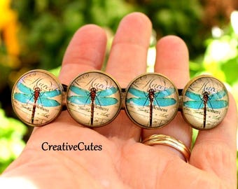 Blue Dragonfly Art Barrette, 4 Glass Dragonfly Images on 1 Bronze Spring Clip Barrette, Cute Boho Barrette for Girls & Women, Dragonfly Gift