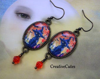 Halloween Cat Earrings, Black Witch Hat Cat Dangles, Spooky Orange Beaded Cat Dangles, Rustic Handmade Art Earrings, Cat Lover Jewelry