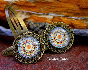 Classic Mandala Art Hair Clips, Set of 2 Fancy Brass & Glass Snap Clips, Bohemian Hair Jewelry, Handmade Mandala Barrettes for Hair