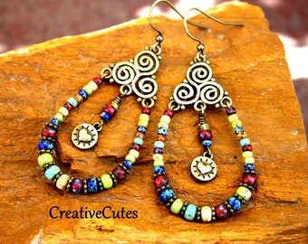 Rustic Boho Earrings, Colorful Czech Bead Dangles, Earthy Bead Teardrops, Bronze Heart Dangles, Bohemian Jewelry Gift for Her, Hippie Style