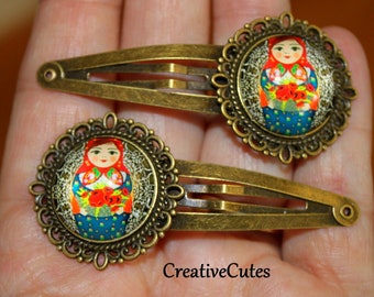 Colorful Matryoshka Doll Hair Clips, Set of 2 Brass Spring Snap Clips, Russian Nesting Doll Images under Glass, Cute Bohemian Hair Clips