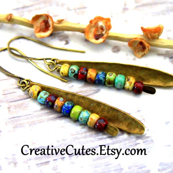 Rustic Boho Beaded Bronze Leaf Earrings, Colorful Czech Glass Bead Dangles, Slender Dainty Brass Bead Earring, Cute Earthy Bohemian Earrings