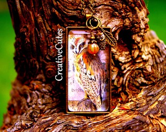 Rustic Owl Pendant, Owl Charm Necklace, Vintage Owl Image under Glass, Czech Glass Beads, Bohemian Owl Jewelry, Owl Nature Lover Gift