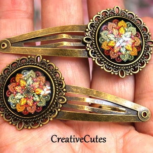 Rustic Mandala Hair Clip Set, Set of 2 Brass Spring Snap Clips, Glass Encased Earthy Mandala Images, Cute Boho Hair Clips for Women & Girls image 1