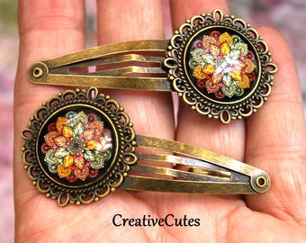 Rustic Mandala Hair Clip Set, Set of 2 Brass Spring Snap Clips, Glass Encased Earthy Mandala Images, Cute Boho Hair Clips for Women & Girls