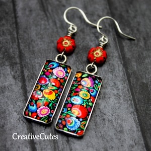 Colorful Folk Art Flower Earrings, Red Czech Bead Dangles, Dainty Glass Art Image Tiles, Unique Handmade Boho Jewelry, Dainty Flowers