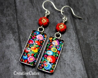 Colorful Folk Art Flower Earrings, Red Czech Bead Dangles, Dainty Glass Art Image Tiles, Unique Handmade Boho Jewelry, Dainty Flowers