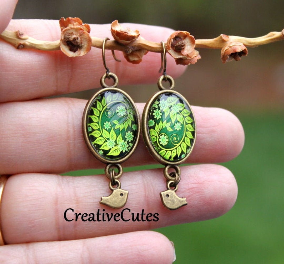 Dainty Green Fern Art Earrings, Tiny Bronze Bird Dangle Earrings ...