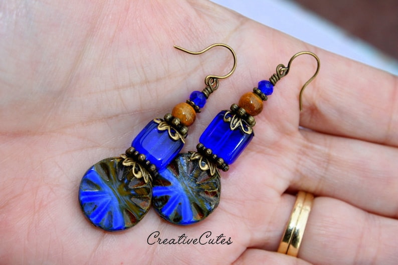 Rustic Boho Cobalt Blue Earrings, Unique Czech Glass Beads, Brown Ceramic Beads, Rustic Bronze Earrings, Colorful Bohemian Beaded Dangles image 1