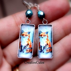 Fox Art Earrings, Red Fox Dangles, Handmade Art Image Earrings, Blue Czech Glass Bead Earrings, Fox Lover Gift, Boho Fox Jewelry