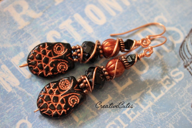Boho Copper Owl Earring, Black & Copper Czech Bead Earrings, Stacked Bead Owl Earrings, Cute Boh
