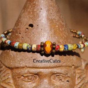 Butterfly Flower Beaded Bracelet, Single Slim Stacking Cuff Bracelet, Yellow & Orange Czech Bead Bracelet, Oval Memory Wire Stretch Bracelet