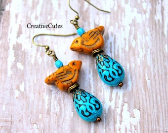Turquoise Drop Earrings with Rustic Yellow Birds, Colorful Czech Bead Bird Dangles, Handmade Bead Earrings, Bohemian Mustard Birds