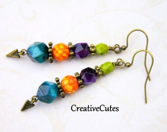 Colorful Gemstone Dangle Earrings, Tigers Eye, Jasper & Czech Glass Bead Earrings, Rustic Rainbow Bead Earrings, Bohemian Stone Earrings