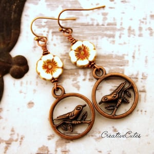Rustic Boho Copper Bird Earrings, White Czech Glass Flower Beads, Unique Copper Bird Charms, Cute Natural Bohemian Hippie Chic Style