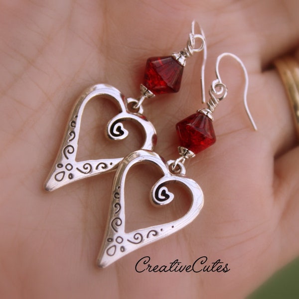 Beautiful Silver Heart Earrings, Clear Red Czech Glass Beads, Romantic Versatile Bohemian Dangles, Cute Sweetheart Earrings