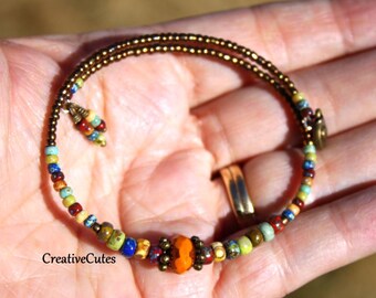 Colorful Boho Bead Bracelet, Oval Memory Wire Wrap, Single Slim Stacking Cuff Bracelet, Rainbow Colors, Rustic Hippie Jewelry