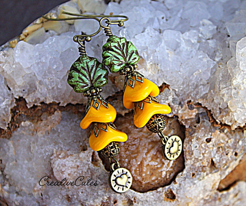 Earthy Bohemian Hippie Earrings Sunflower Yellow Flower Earrings Rustic Green Leaf Czech Bead Earrings Boho Bronze Heart Dangles Dangles