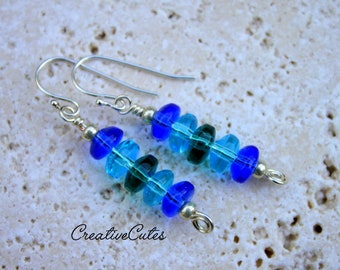 SALE ~ Dainty Blue Boho Bead Earring Dangles, Cobalt, Sky Blue & Green Glass Beads, Silver Beads and Wire Swirls, Bohemian Hippie Chic