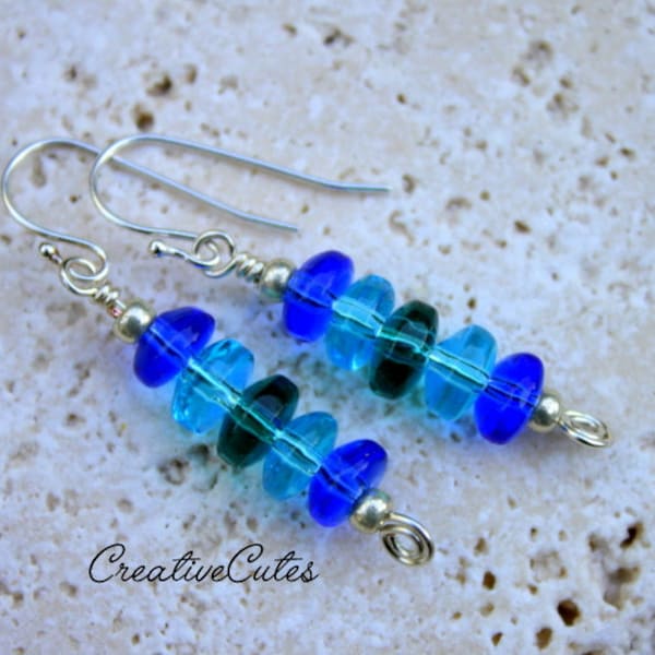 SALE ~ Dainty Blue Boho Bead Earring Dangles, Cobalt, Sky Blue & Green Glass Beads, Silver Beads and Wire Swirls, Bohemian Hippie Chic