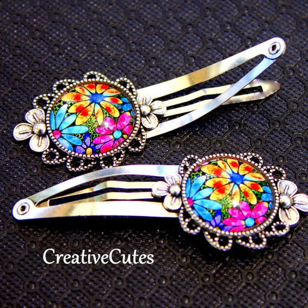 Colorful Boho Daisy Flower Hair Clips, Set of 2 Silver Spring Snap Clips, Glass Floral Barrette Set, Cute Boho Barrettes, Womens Hair Clips