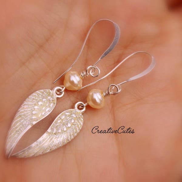 Dainty Angel Wing Earrings, Sparkly Silver Wings, Cream or White Glass Pearl Earrings, Silver Wing Wedding Earrings, Boho Angel Wing Earring