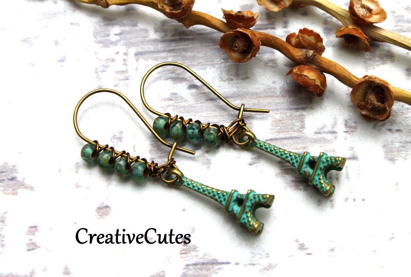 Rustic Boho Eiffel Tower Earrings, Verdigris Bronze Charms, Bohemian Aqua Czech Bead Earrings, Historical Monument Paris Travel Jewelry