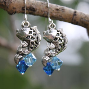 Silver Koi Fish Earrings, Sparkling Blue Swarovski Crystal Dangles, Filigree Fish Charms, Asian Koinobori Carp, Cute Boho Fish Earrings