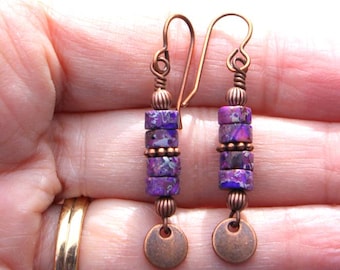 Rustic Copper Earrings, Purple Jasper Beads, Dainty Boho Dangles, Hippie Jewelry, Simple Minimalist Jewelry