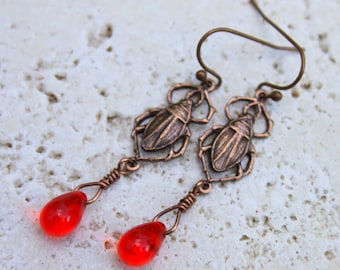 Rustic Egyptian Scarab Earrings, Copper Scarab Beetle Charms, Clear Red Czech Glass Teardrop Beads, Classic Boho Historical Nature Earrings