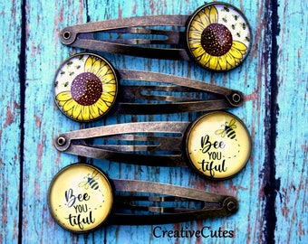 Sunflower Art Hair Clips, Set of 4 Brass Metal Snap Clips, Glass Bee & Flower Barrette Set, Cute Bohemian Hair Clips, Colorful Hair Jewelry