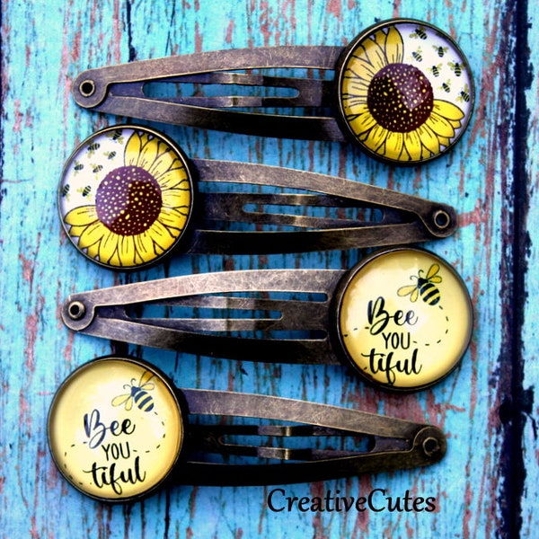 Sunflower Art Hair Clips, Set of 4 Brass Metal Snap Clips, Glass Bee & Flower Barrette Set, Cute Bohemian Hair Clips, Colorful Hair Jewelry