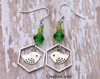 Silver Bird Earrings, Bird Spinner Dangles, Green Czech Glass Flower Beads, Sparrow Earrings, Boho Birdie Jewelry, Bird Lover Gift