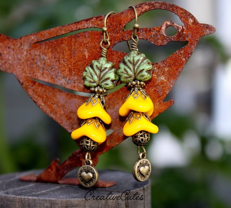 Earthy Bohemian Hippie Earrings Sunflower Yellow Flower Earrings Rustic Green Leaf Czech Bead Earrings Boho Bronze Heart Dangles Dangles