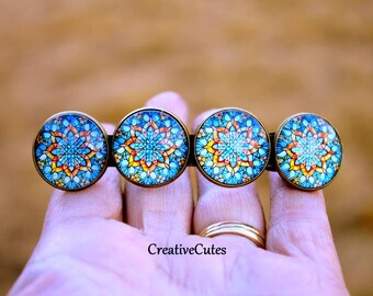 Blue Mandala Barrette, 4 Glass Art Images on 1 Bronze Spring Clip Barrette, Blue and Yellow Bohemian Hair Barrette for Girls & Women